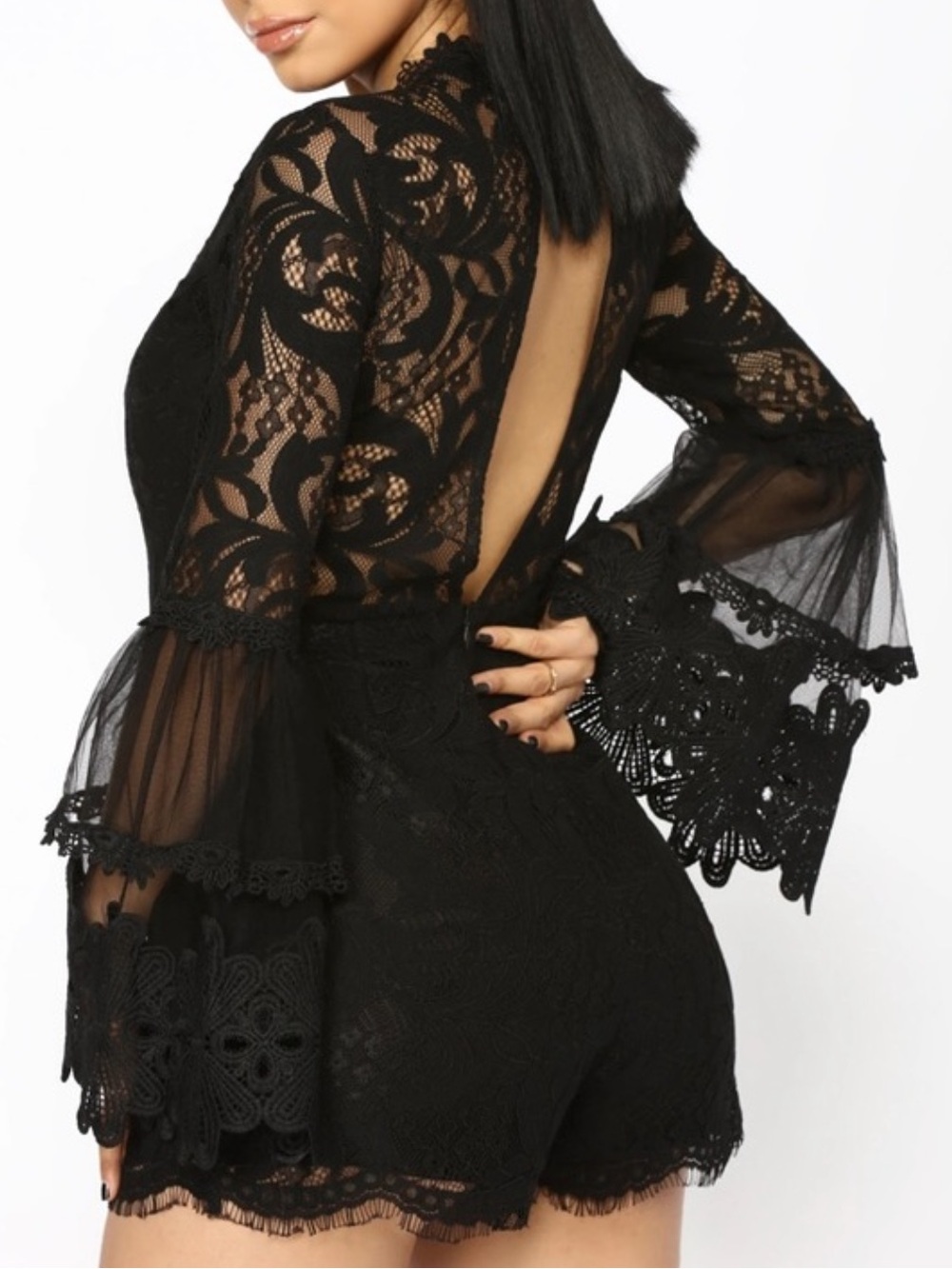 Vici Women’s Black Lace Bell Sleeve Romper Size Medium - Picture 2 of 8